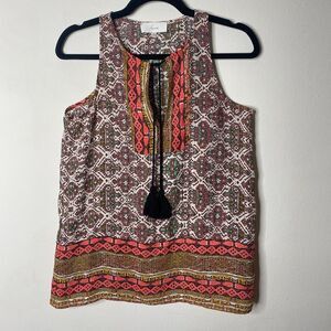 Braeve Brown Peach Teal and Cream Aztec Front Tie Sleeveless Tank Extra Small